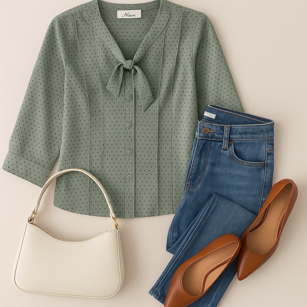 Naomi Sage Green Polka Dot Blouse with Tie Neck – Size M